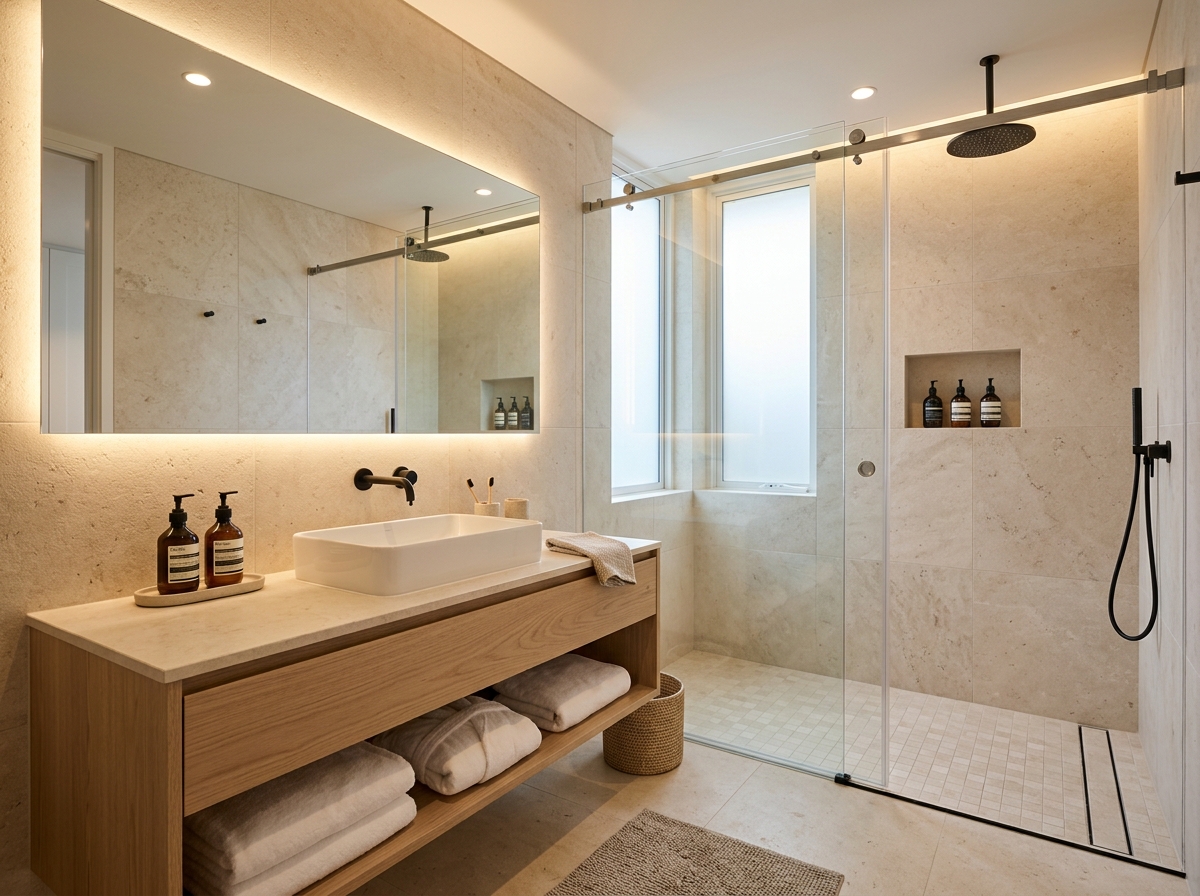 Contemporary hotel bathroom with pale stone finishes