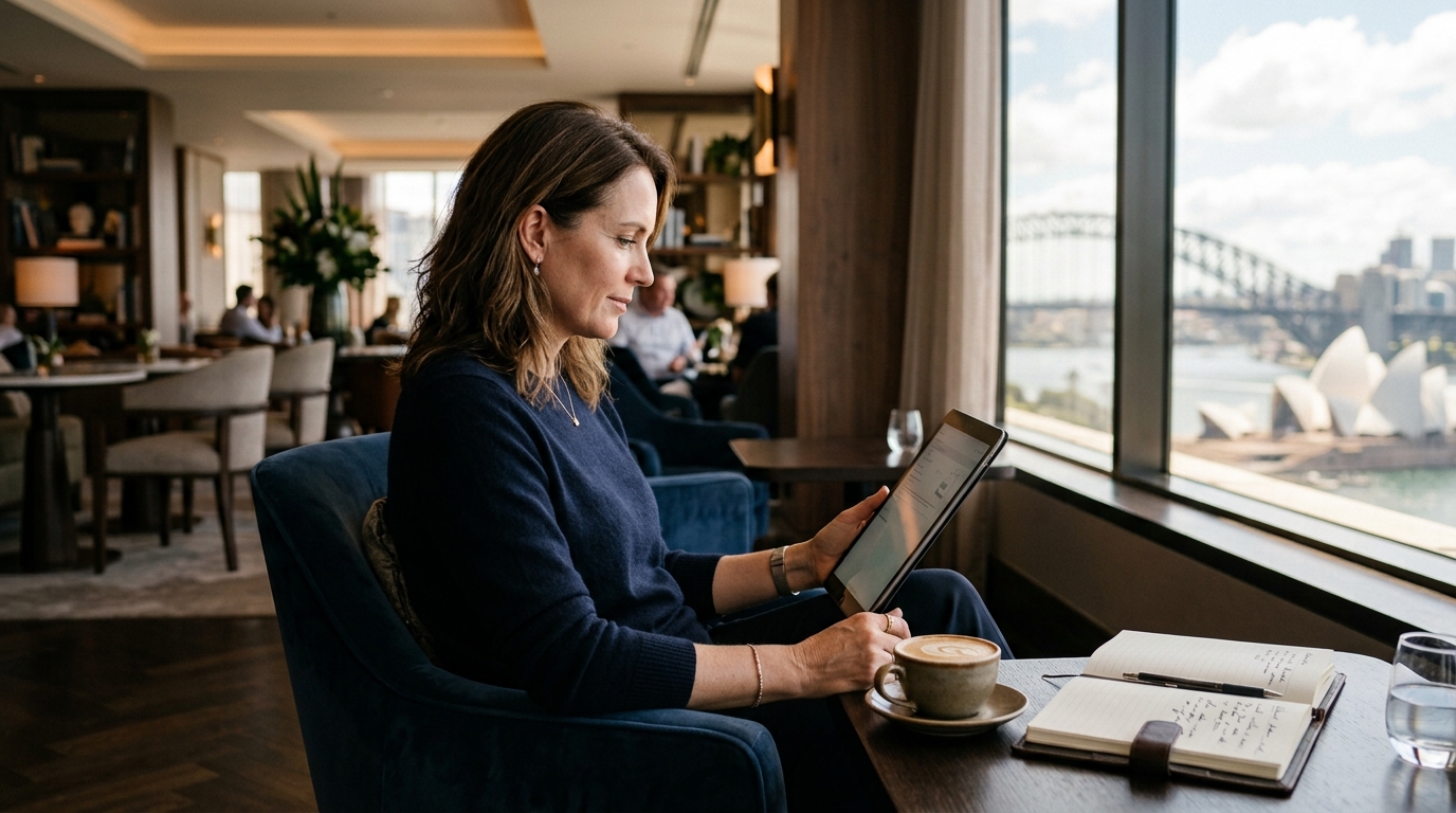 Traveller reviewing hotel details before confirming a stay