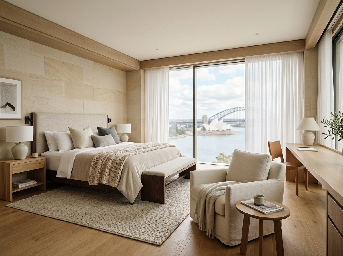 Larger guest room with additional seating at Harbour House Sydney