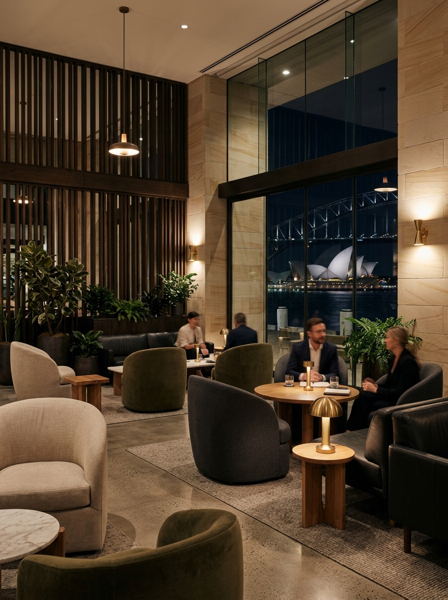 Calm contemporary lobby lounge at Harbour House Sydney