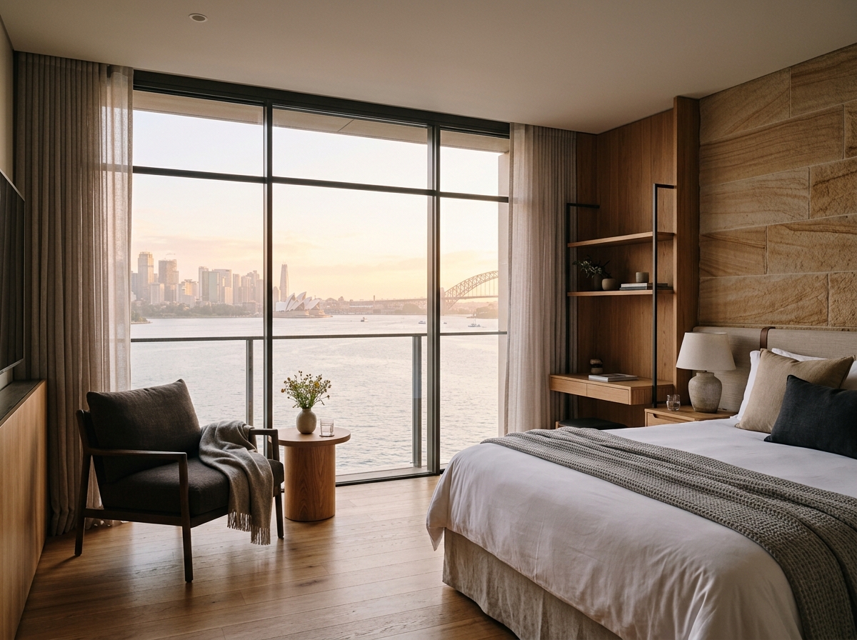 Harbour-facing guest room with Sydney outlook